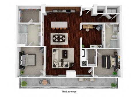 an overhead view of a 3d floor plan of a 1 bedroom apartment